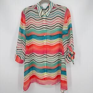 Chico's Women's 2/L Watercolor Striped Tie-Sleeve Blouse